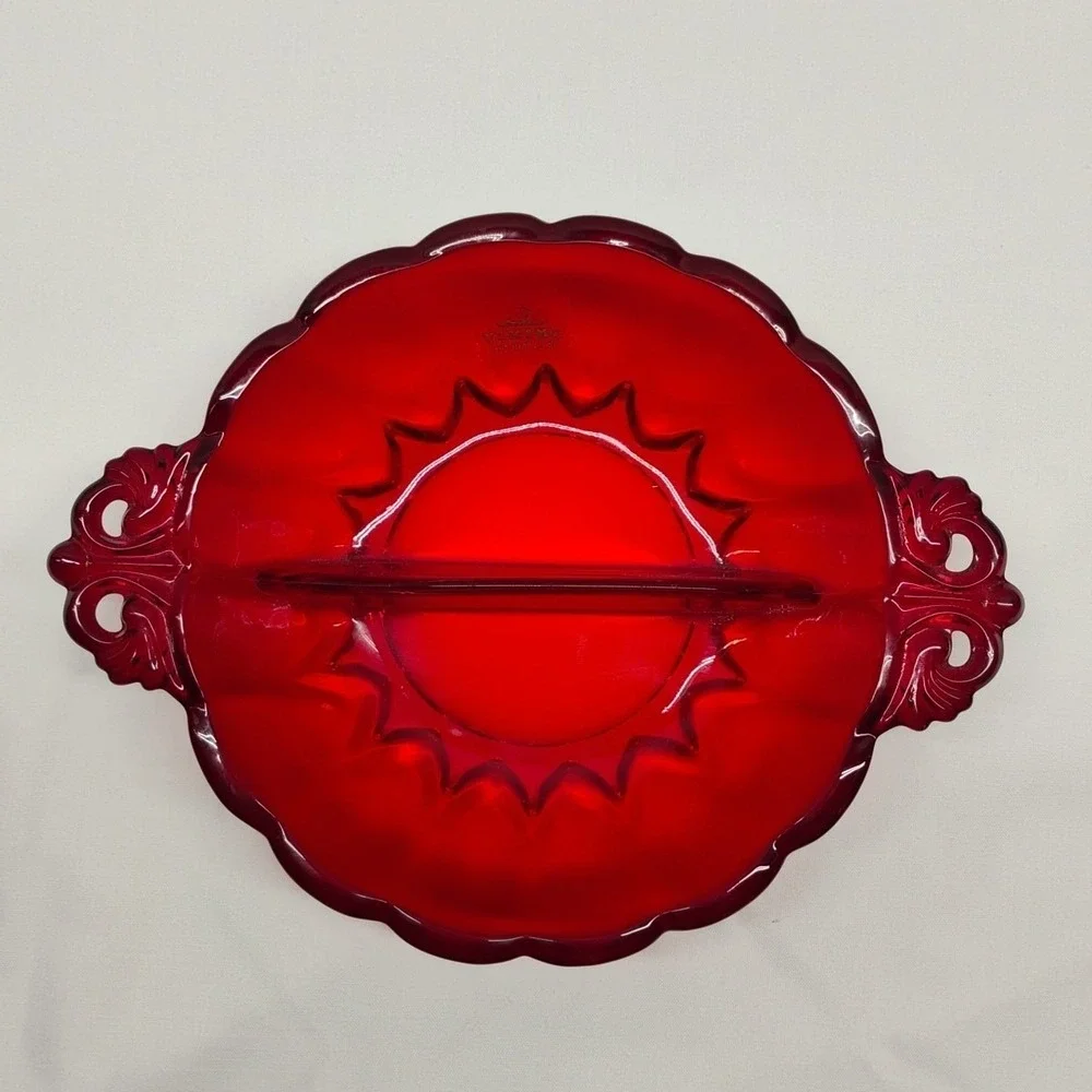 Viking Glass Red Ruby Sectioned Candy‎ Trinket Dish Bowl Original Sticker